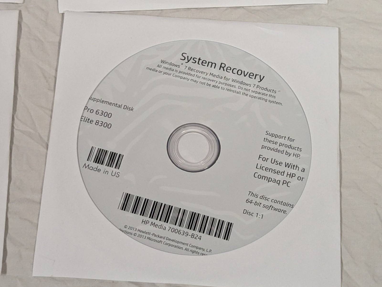 HP Windows 7 Pro 32-bit System Recovery Discs, Elite 8300 Pro 6300, No Key