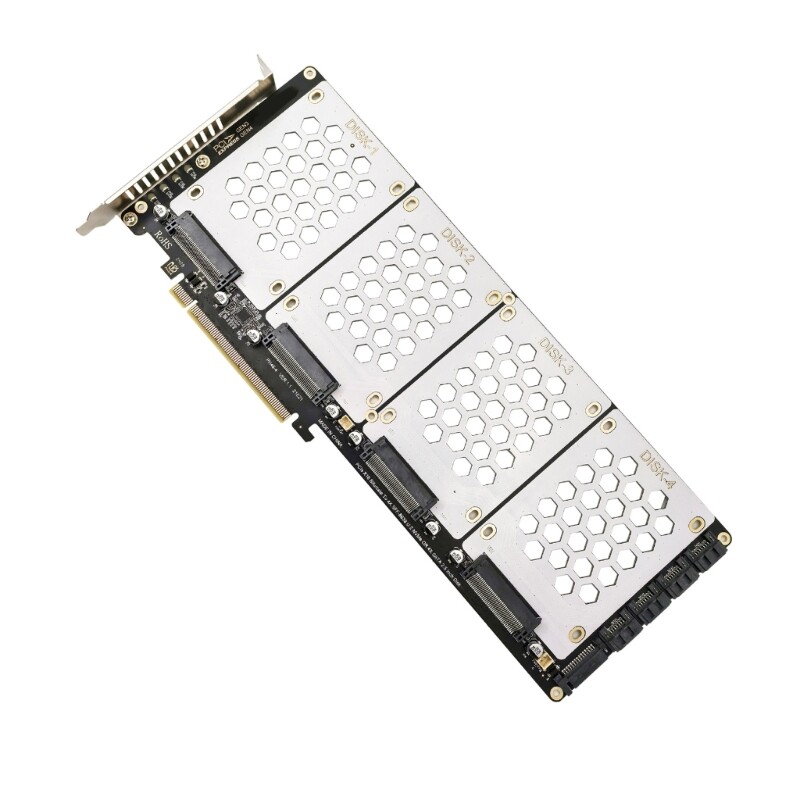 4 Port M.2 SFF8639 NVMe to PCIe X16 Adapter, Gold Plated Contacts for Fast