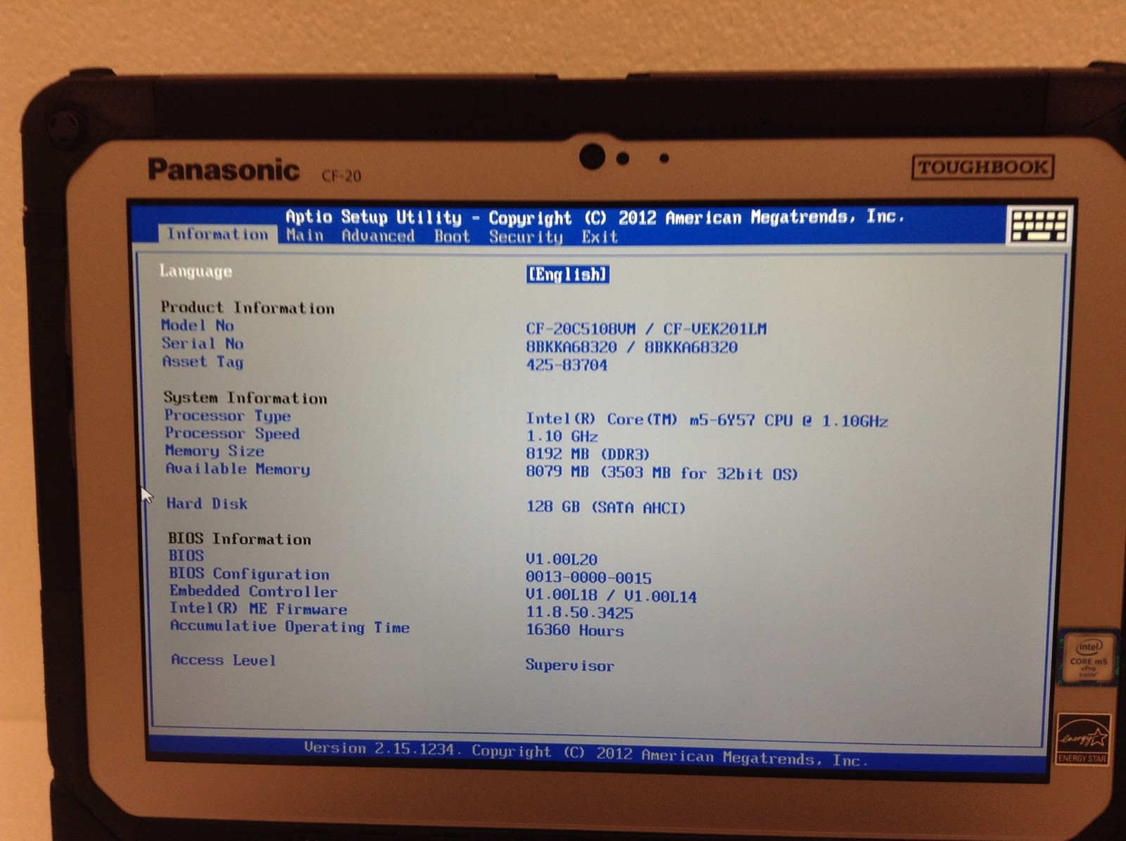 Panasonic Toughbook CF-20 M5-6Y57 1.10Ghz 10″ Touchscreen Laptop 8GB,128 SSD,16K