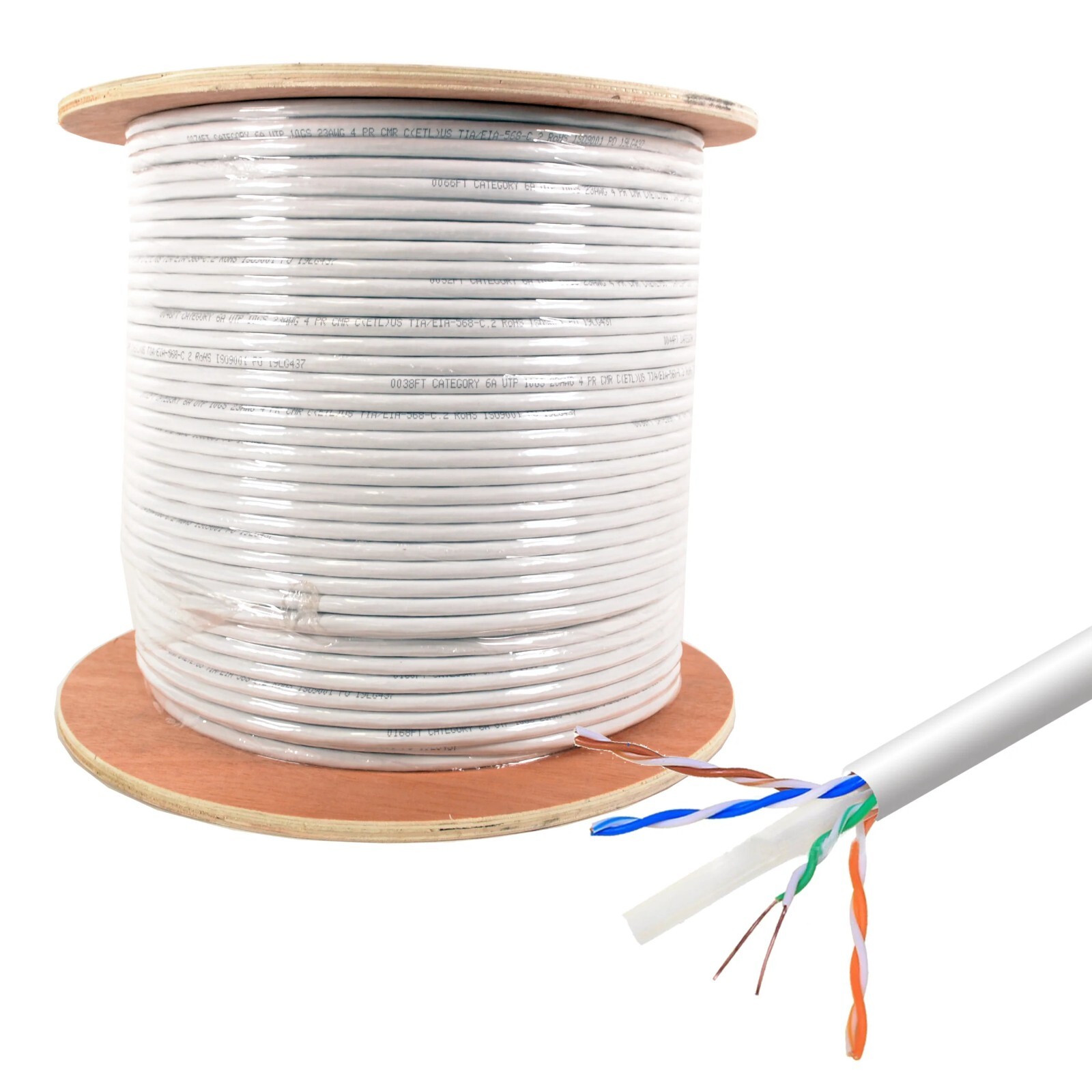 Cat6A UTP 1000ft Bulk Ethernet Network Cable 10G 23AWG Solid Wire Riser White