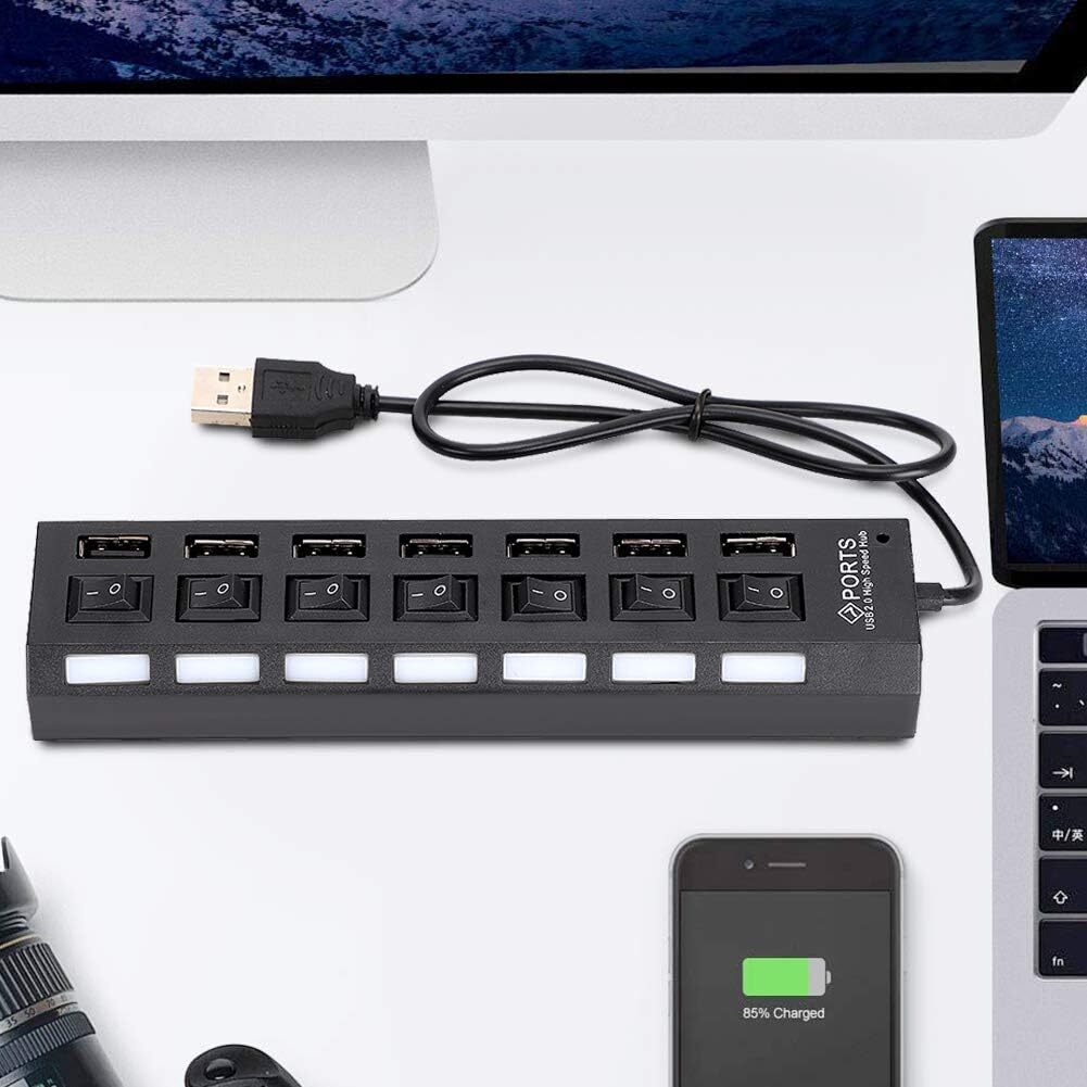 USB Hub 7 Port On/Off Switch High Speed Splitter AC Adapter Cable PC Laptop Lot