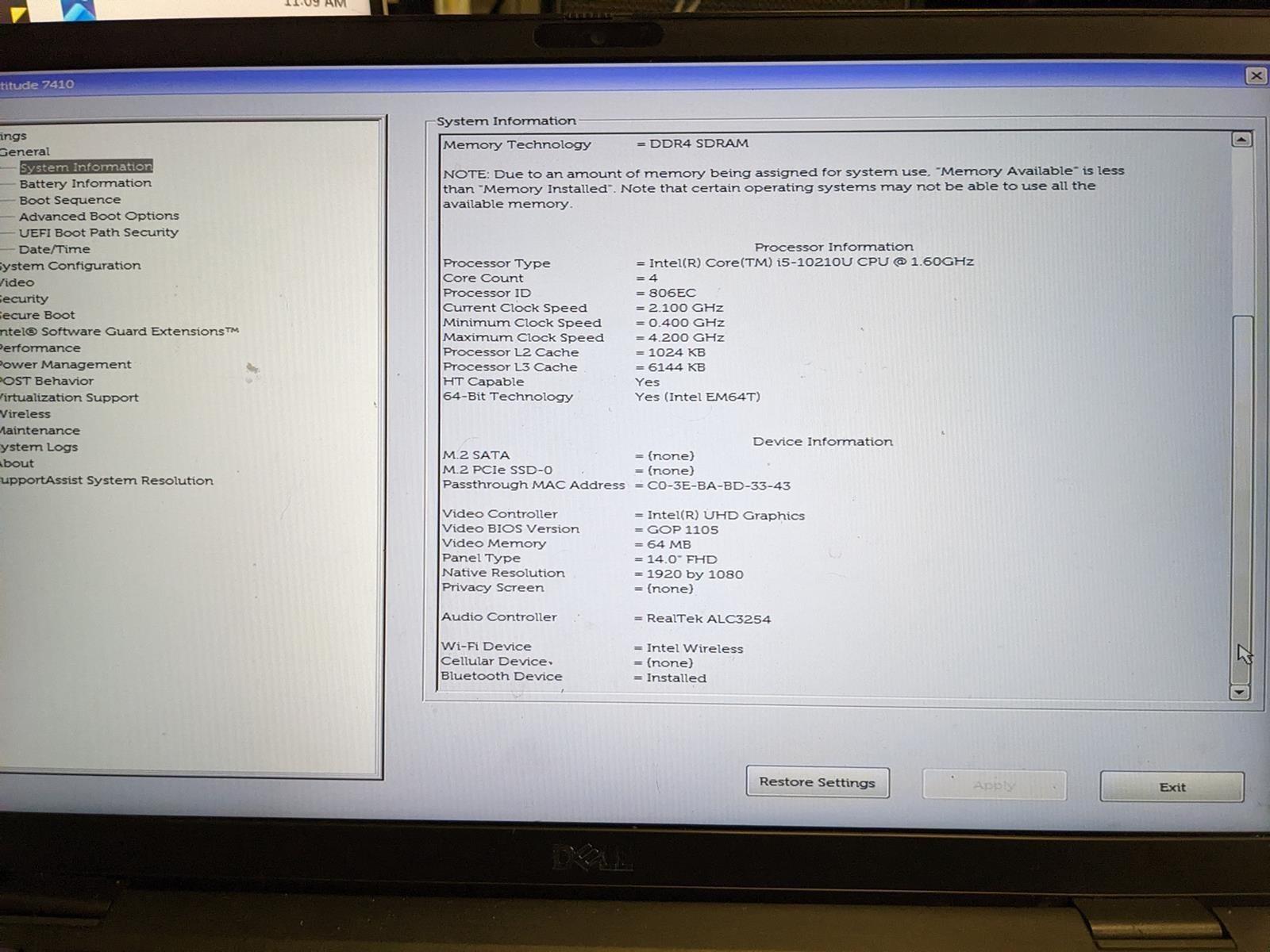 DELL LATITUDE 7410 i5-10210U @ 1.60GHz, 8GB RAM, NO HDD/OS