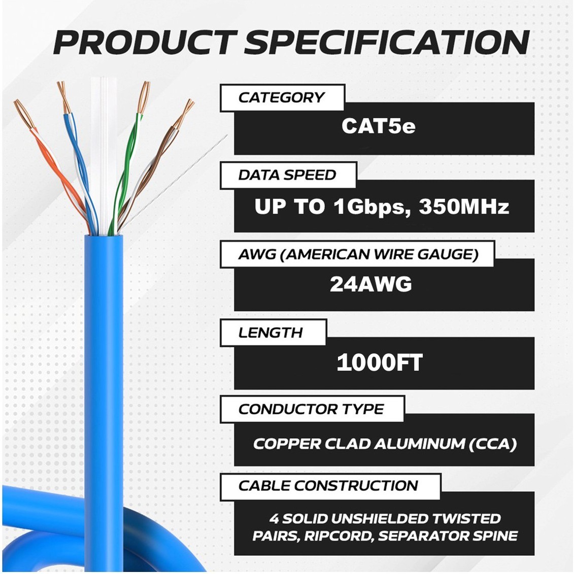 1000ft Cat5e Cable Ethernet Bulk Wire Solid Network CAT5 RJ45 Lan 24AWG BLUE