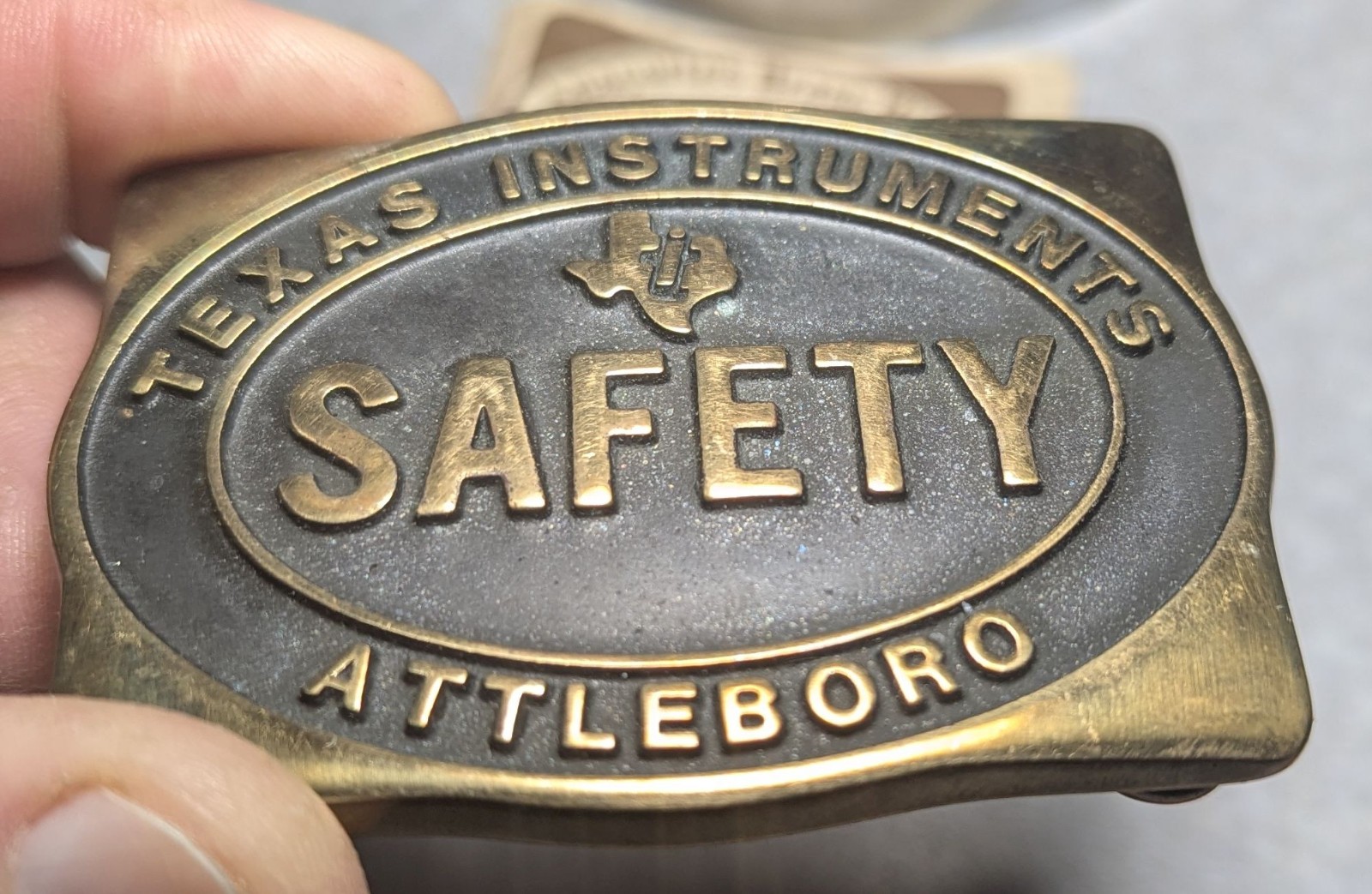 Vtg Solid Brass Hand Crafted ANACORTES Belt Buckle Texas Instruments Made in USA