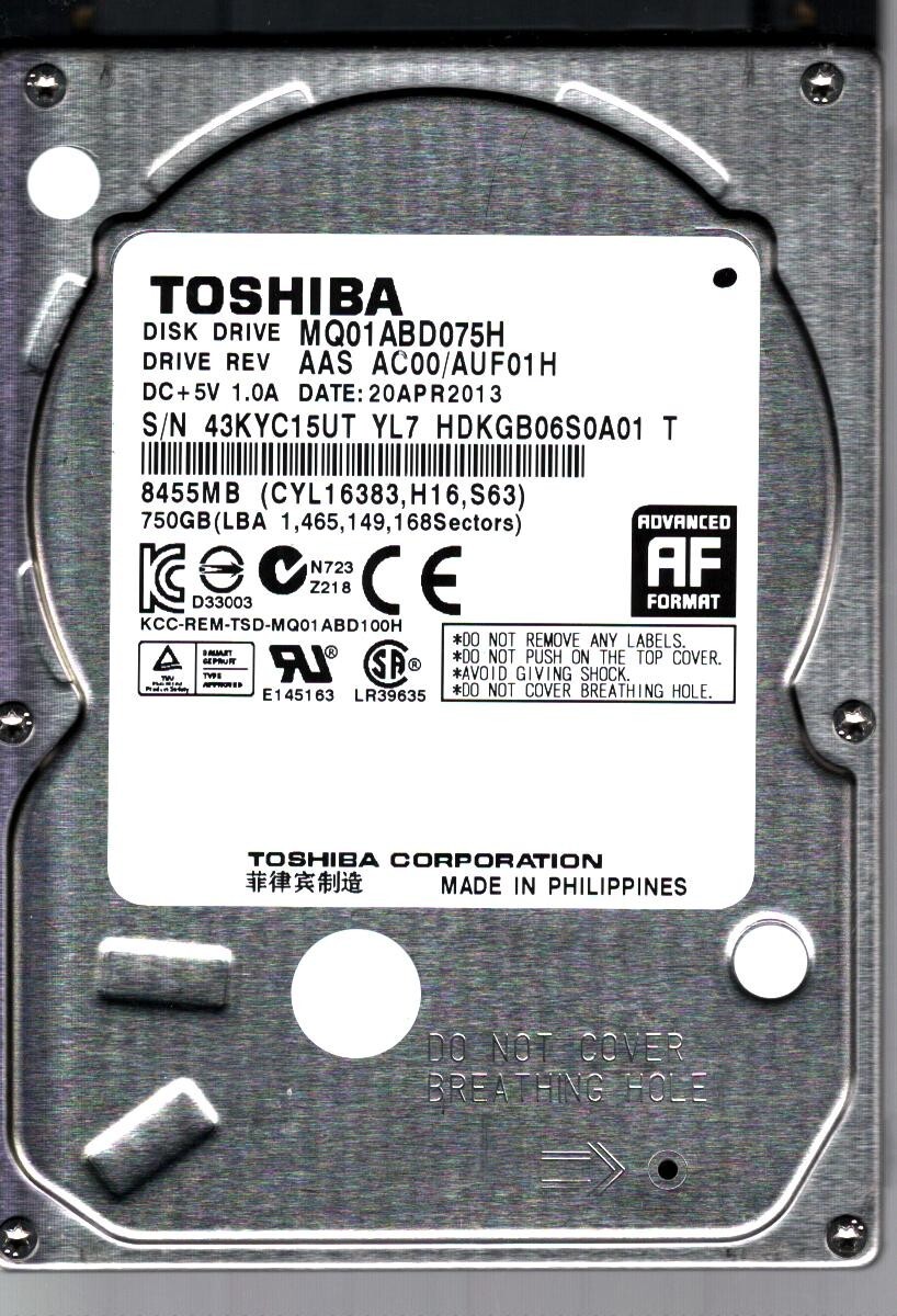 MQ01ABD075H HDKGB06S0A01 T AAS AC00/AUF01H 750GB APR 2013 PHILIPPINES TOSHIBA