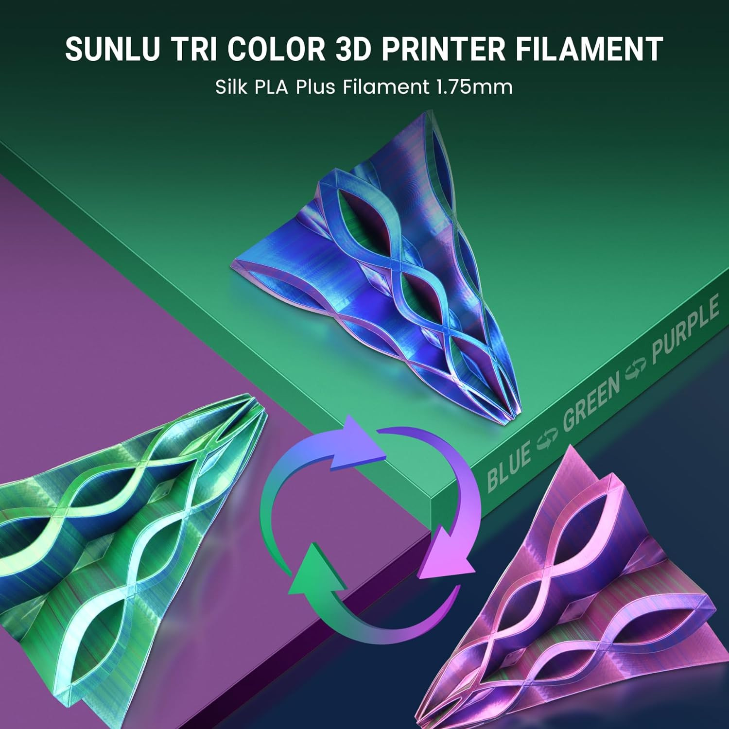 SUNLU Silk PLA Plus Triple Color 3D Printer Filament Blue+Green+Purple