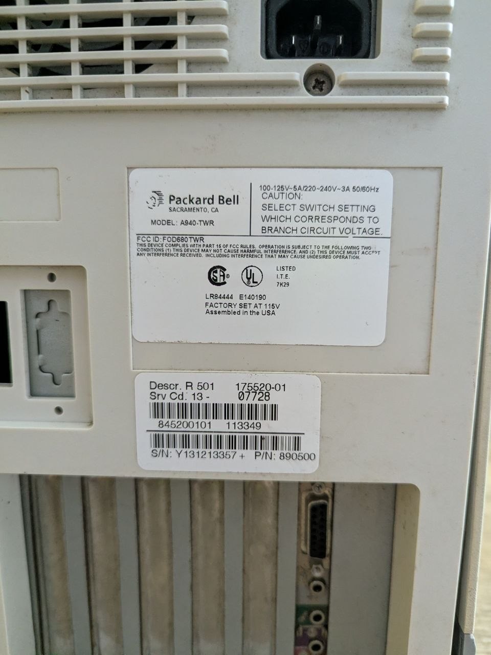 Packard Bell Multimedia R501 Vintage Desktop PC Tower A940-TWR Untested ST