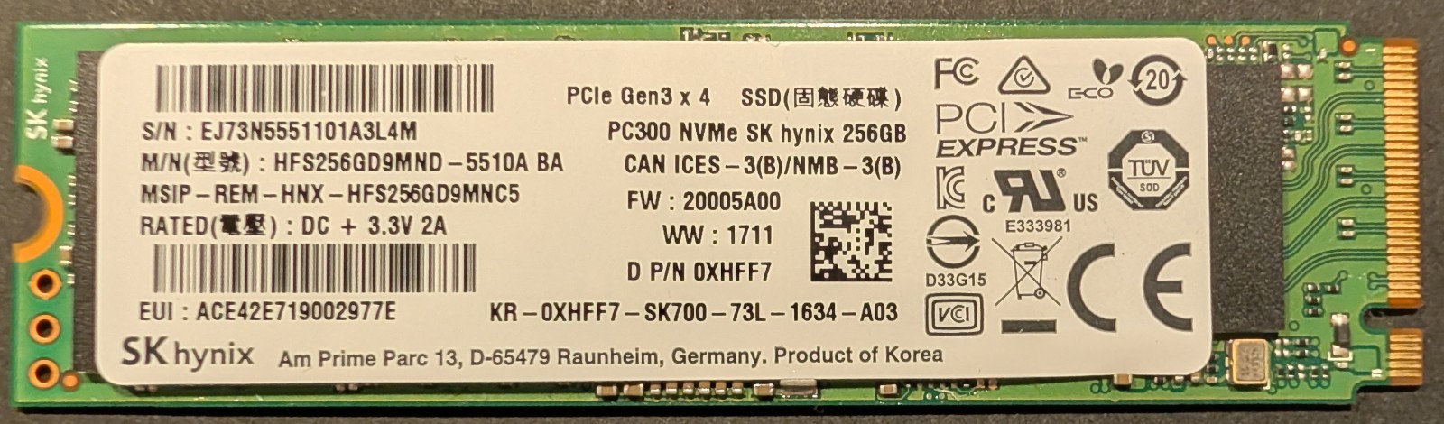SK Hynix PC300 HFS256GD9MND-5510A 256 GB NVMe 80mm Solid State Drive