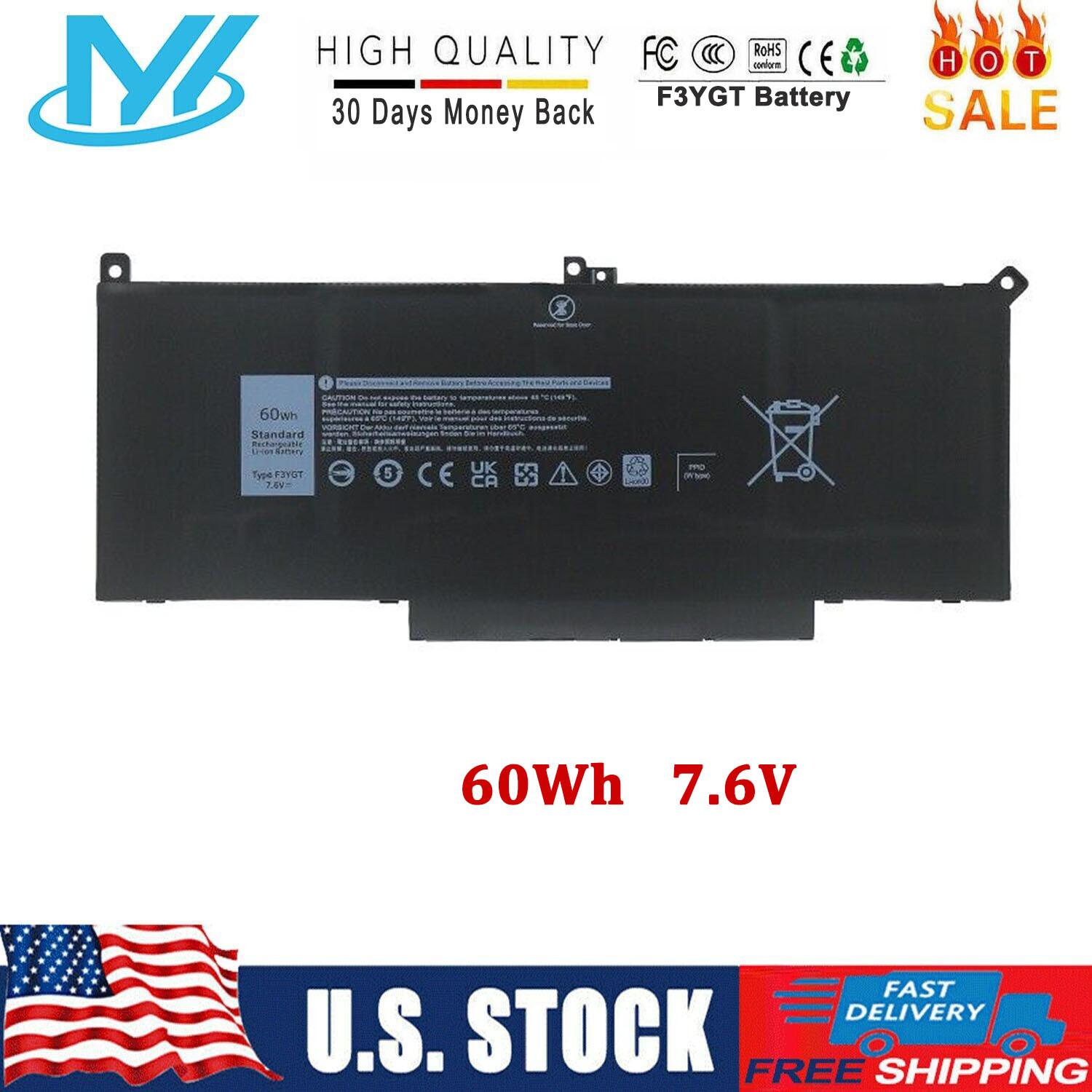F3YGT Battery For Dell Latitude 12 7000 7280 7290 13 7380 7390 14 7480 7490 60Wh
