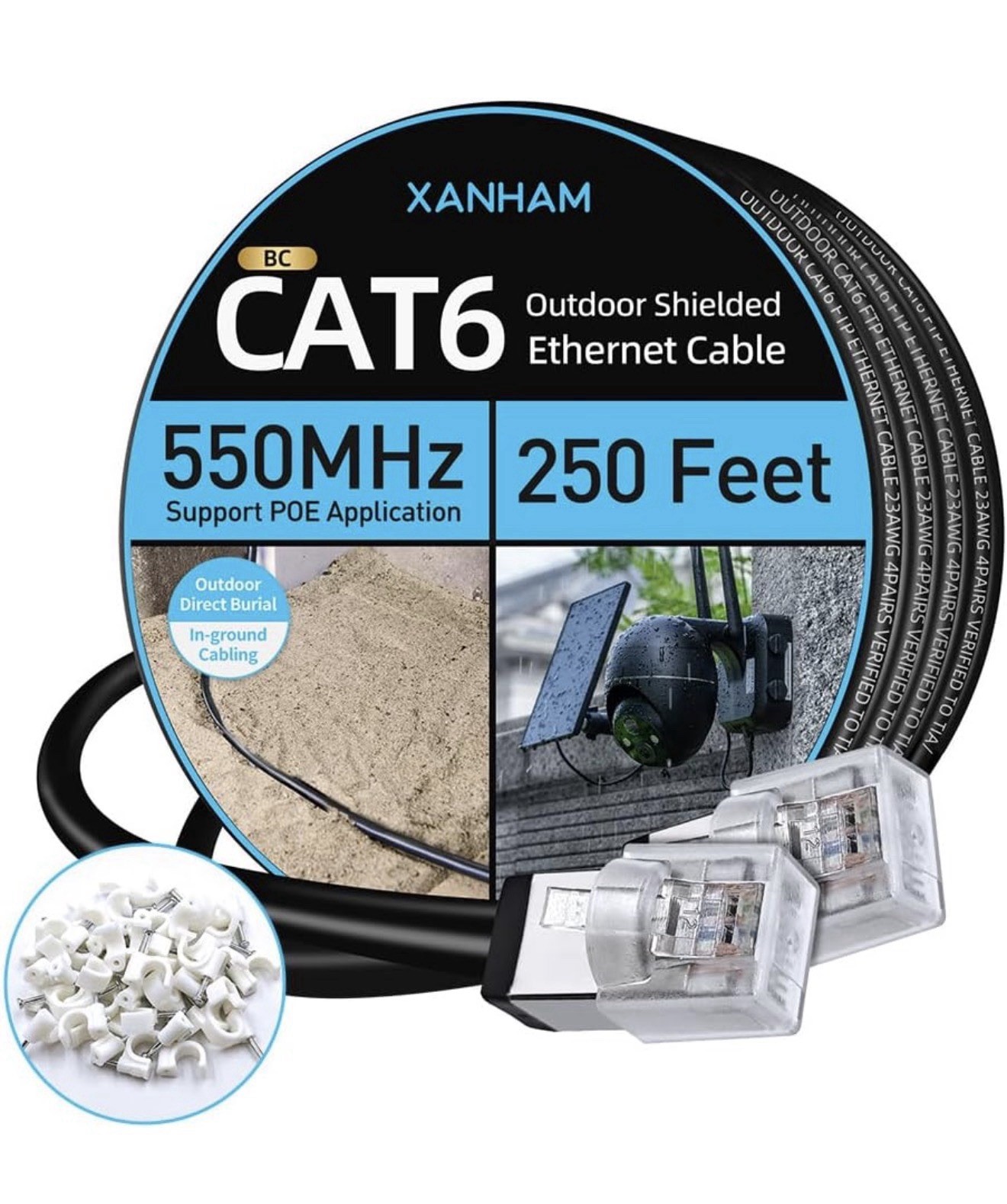 Cat6 Outdoor Shielded Ethernet Cable 250ft Waterproof UV Resistant