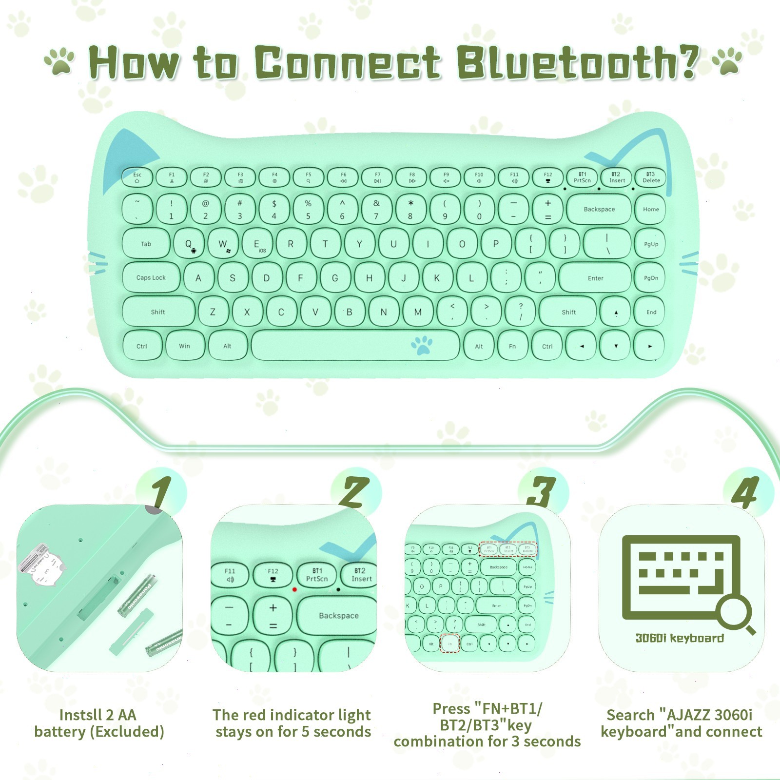AJAZZ 3060i Cute Cat Ear Wireless Keyboard 84 Keys Silent Round Retro For PC Mac