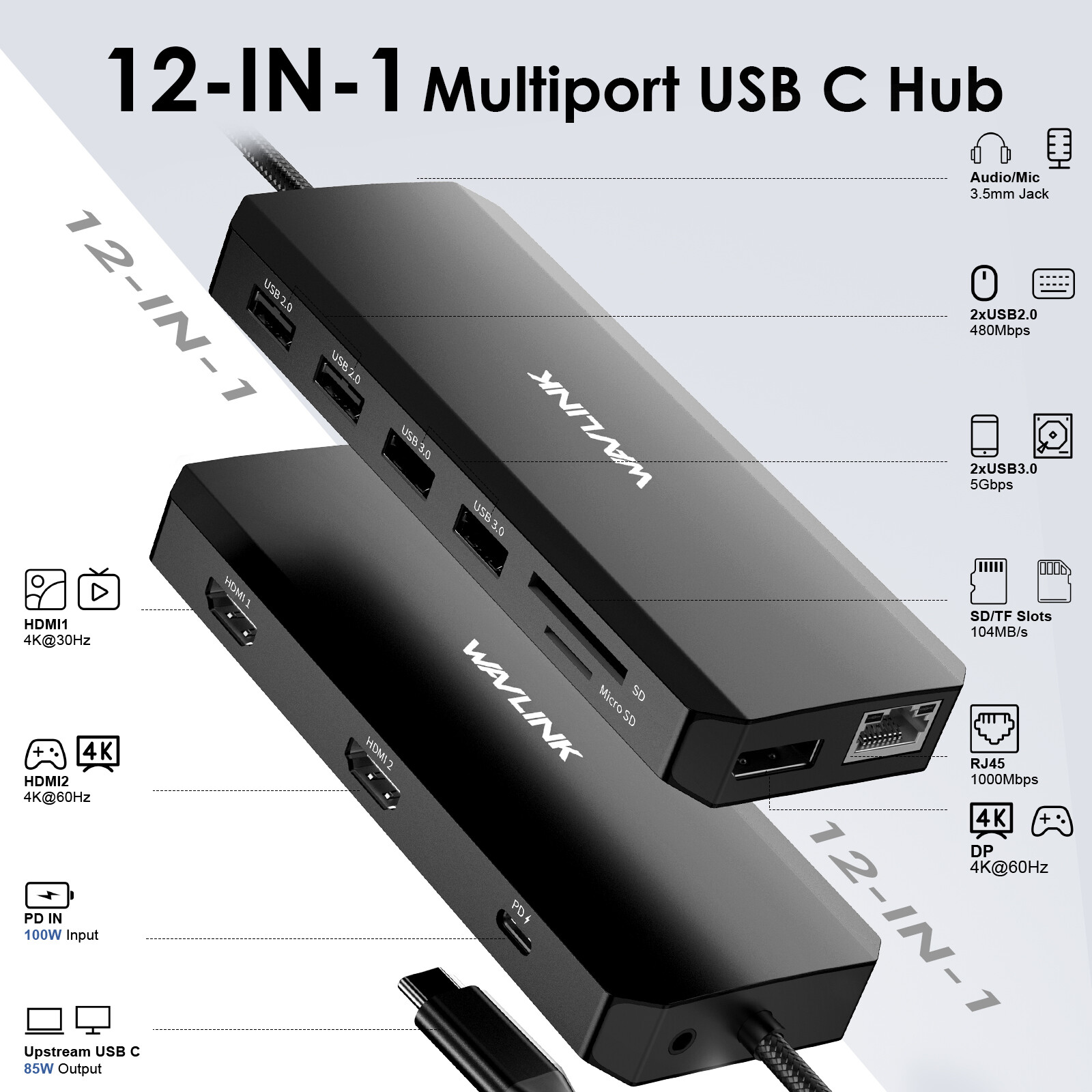 12-in-1 5Gbps USB3 USB C Hub Triple Display USB C Dock Multiport 2x HDMI DP RJ45