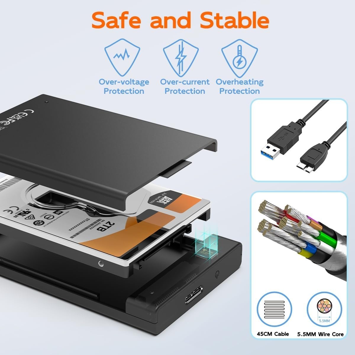 2.5 Inch USB 3.0 Tool-Free External SSD Enclosure – 16TB Capacity, UASP Support