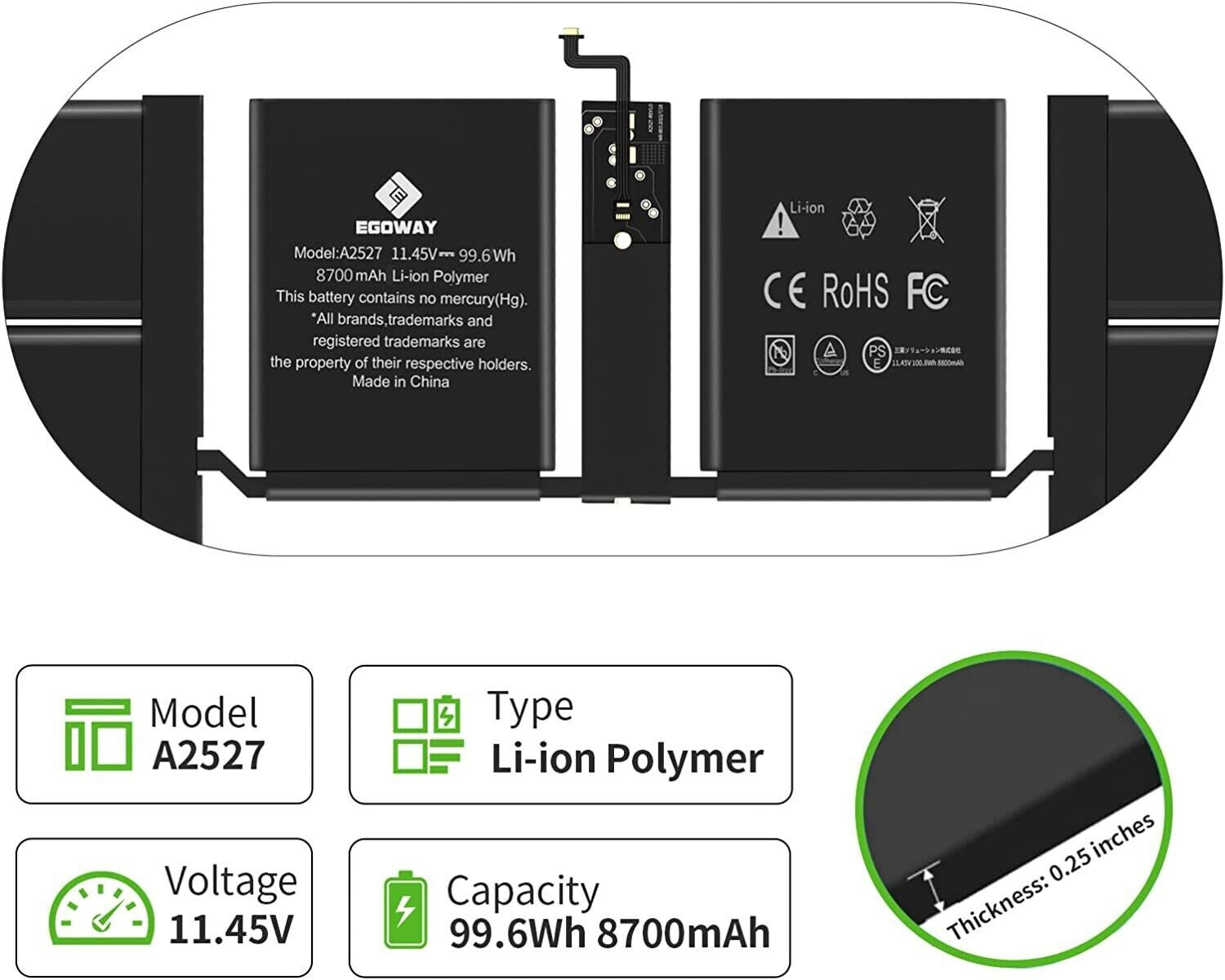 New A2485 Battery For APPLE MACBOOK PRO 16″ 2021 A2527 11.45V 8693mAh