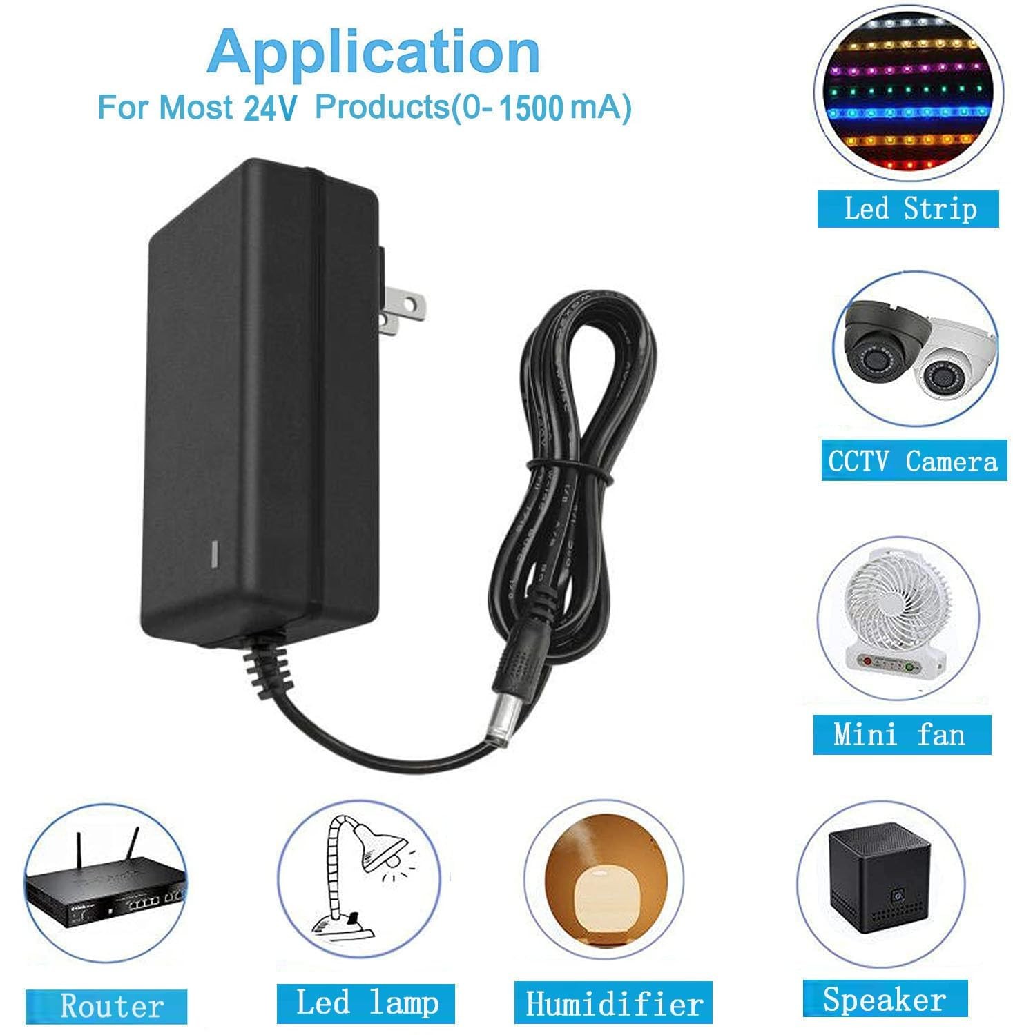 24V 1.5A Power Supply Adapter 100-240V AC to DC Converter W/ 5.5X2.5Mm Plug