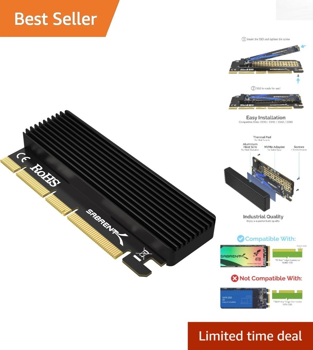 Ultra-Fast M.2 NVMe SSD PCIe X16/X8/X4 Adapter with Aluminum Heatsink