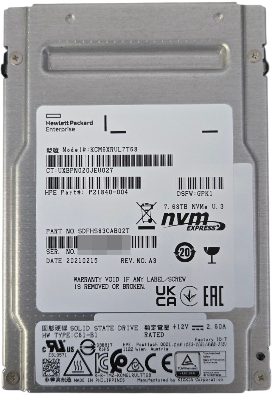 HPE Kioxia CM6-R 7.68TB PCI-E 4.0 NVMe U.3 Read Intensive SSD KCM6XRUL7T68
