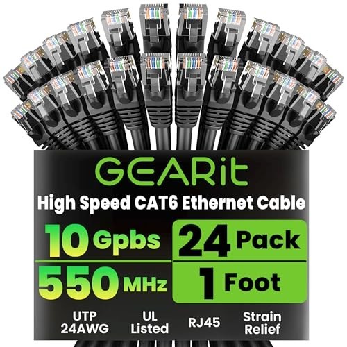 High-Speed Cat 6 Ethernet Cables 1ft – 24-Pack, 10Gbps Snagless RJ45, Gaming & P