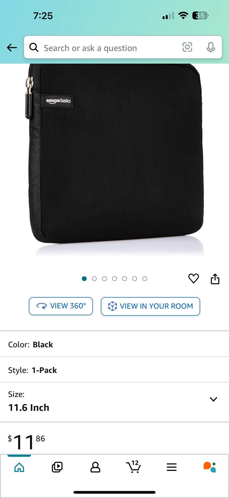 Amazon Basics 11.6-Inch Laptop Sleeve, Protective Case with Zipper BLACK