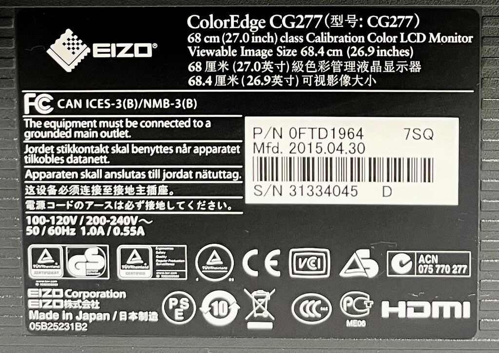 EIZO ColorEdge CG277 27″ 2560 x 1440 Monitor 60 Hz 6 ms IPS LCD NO STAND