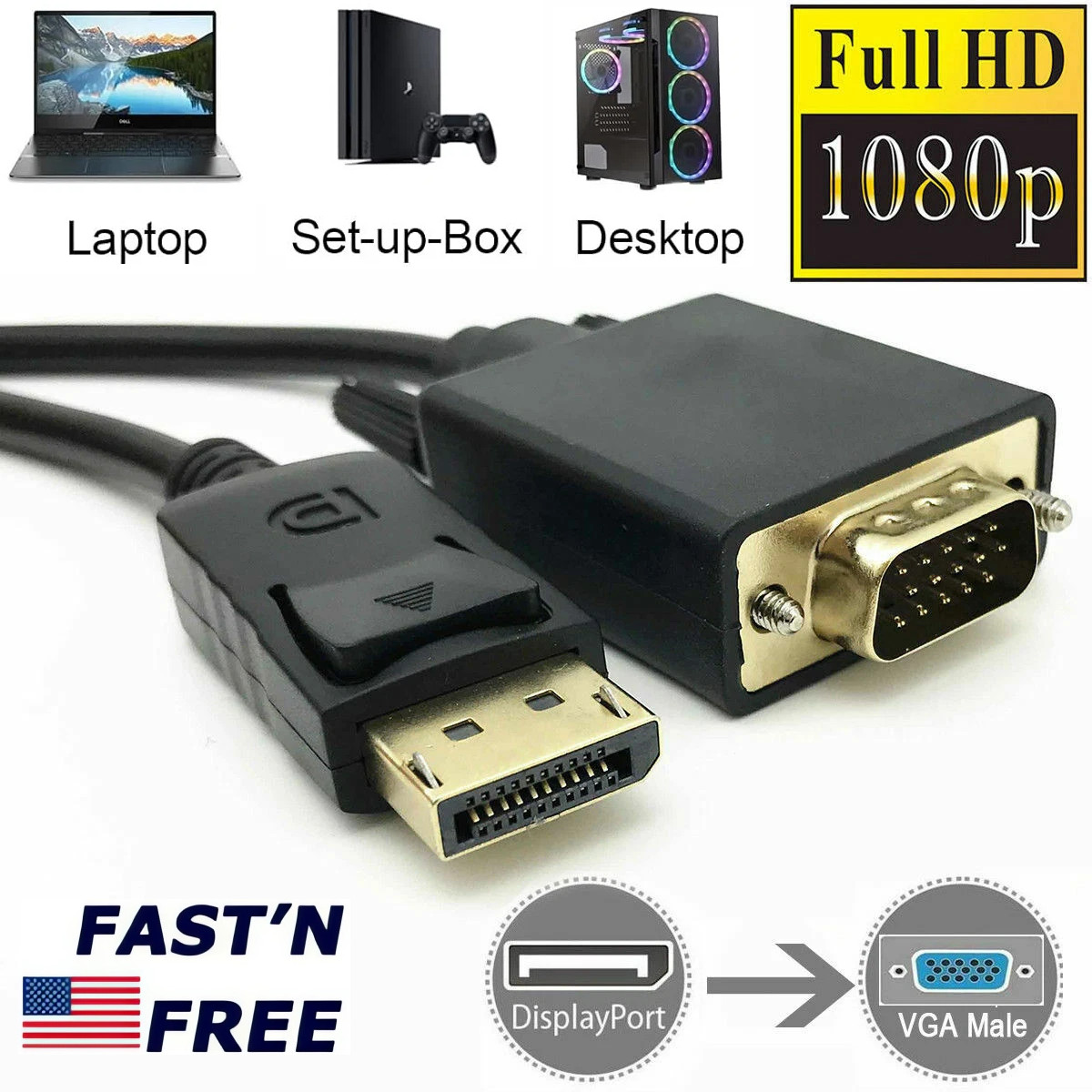 1/2 Pack DisplayPort to VGA Cable, Display Port DP to VGA Adapter Cord M to M HD