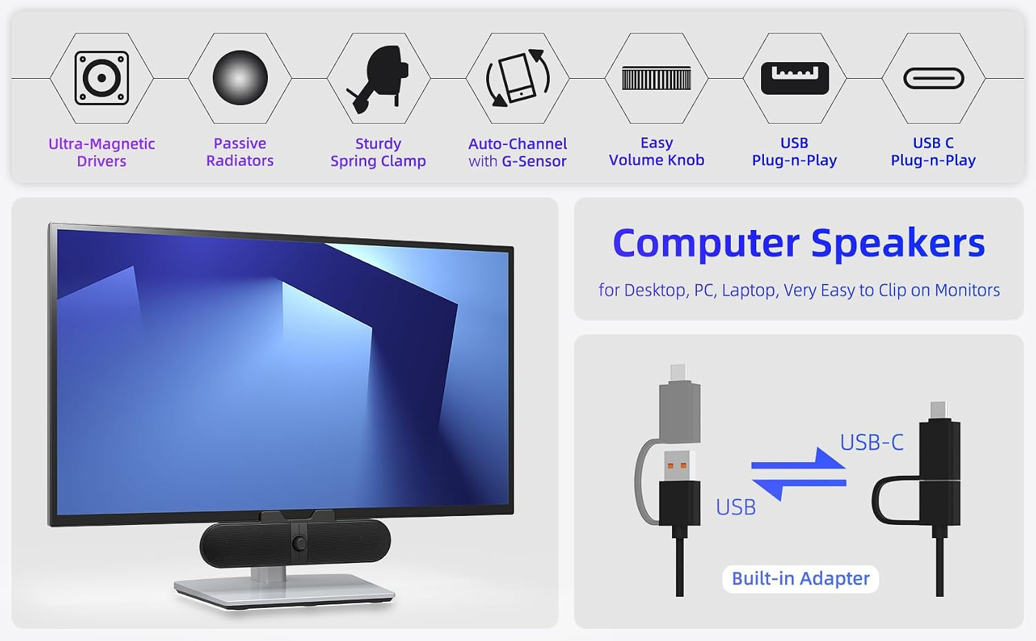 Computer Speakers for Desktop PC, Monitor Speakers with Easy Volume Knob, Sturdy