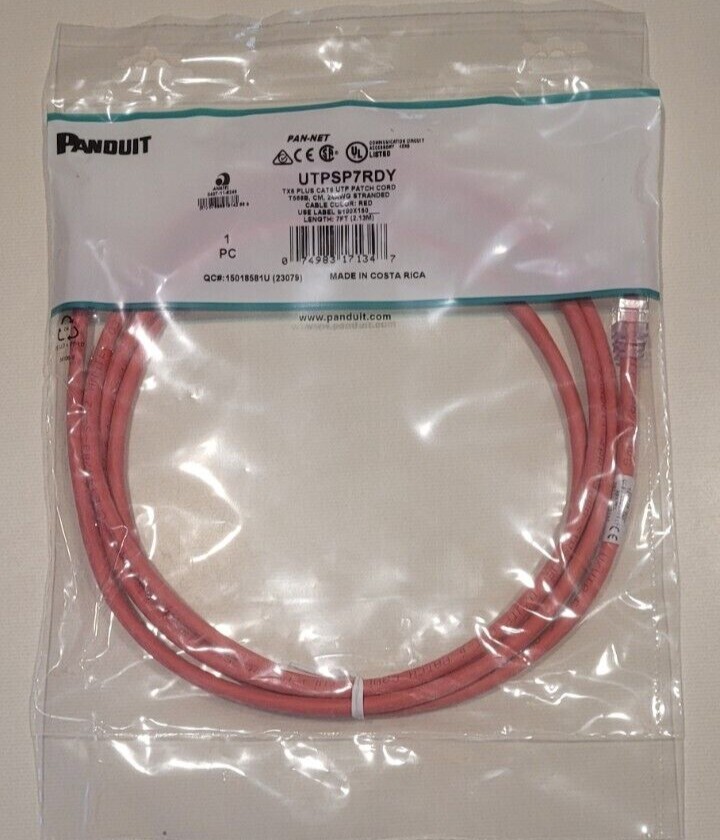 Panduit Pan-Net 7″ TX6 Cat6 UTP Patch Cord T568B 24AWG Stranded Red UTPSP7RDY