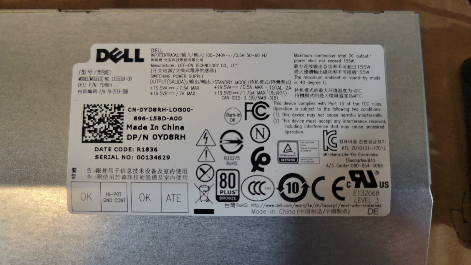 Dell OptiPlex 7460 AIO Power Supply L155EBA-00 155W YD8RH 0YD8RH CN-0YD8RH