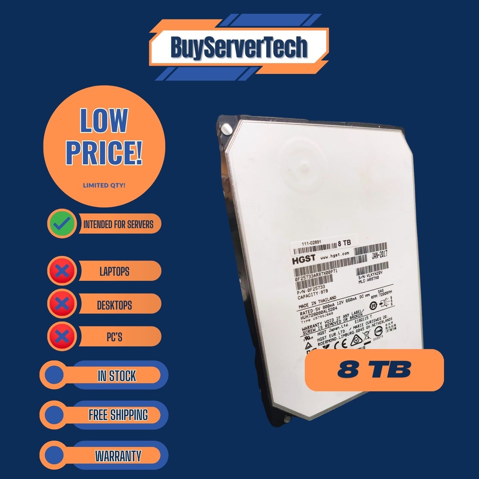 HGST HUH728080AL5204 8TB 7.2K SAS 12Gb/s 3.5″ HDD 0F25733