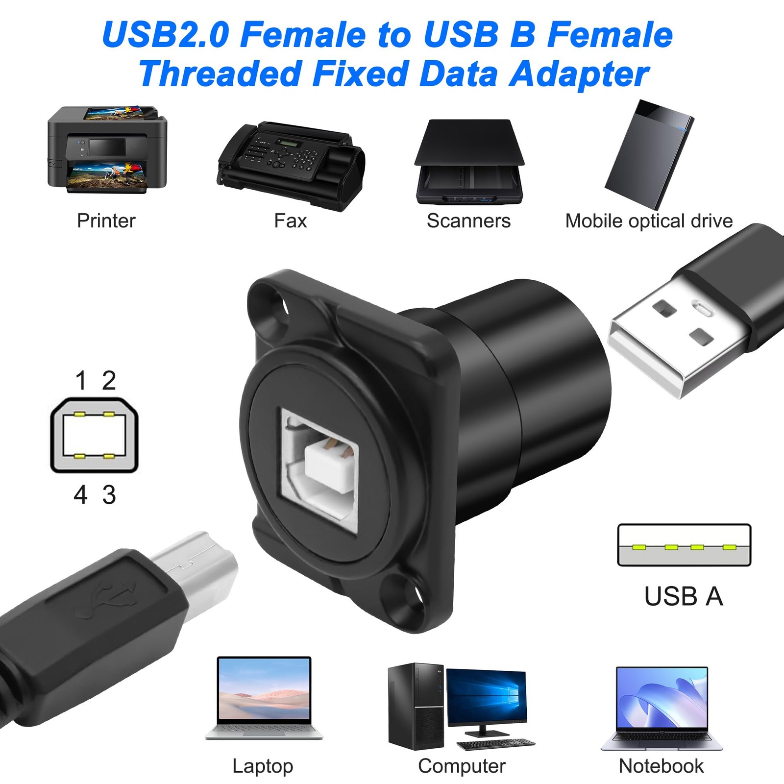 USB B To A Panel Mount Connector Coupler DType 2.0 Female Adapter Black