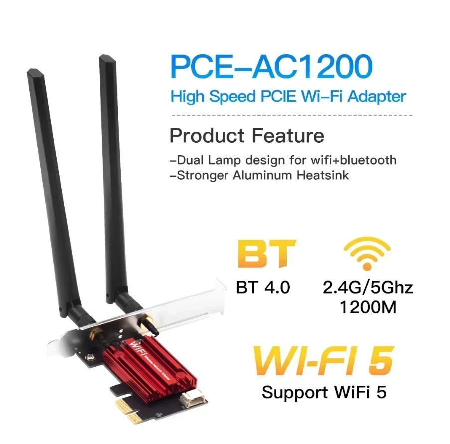 AC1200 WIFI 5 PCI-E Wireless Adapter Desktop PC Internal Card 802.11AC+Bluetooth