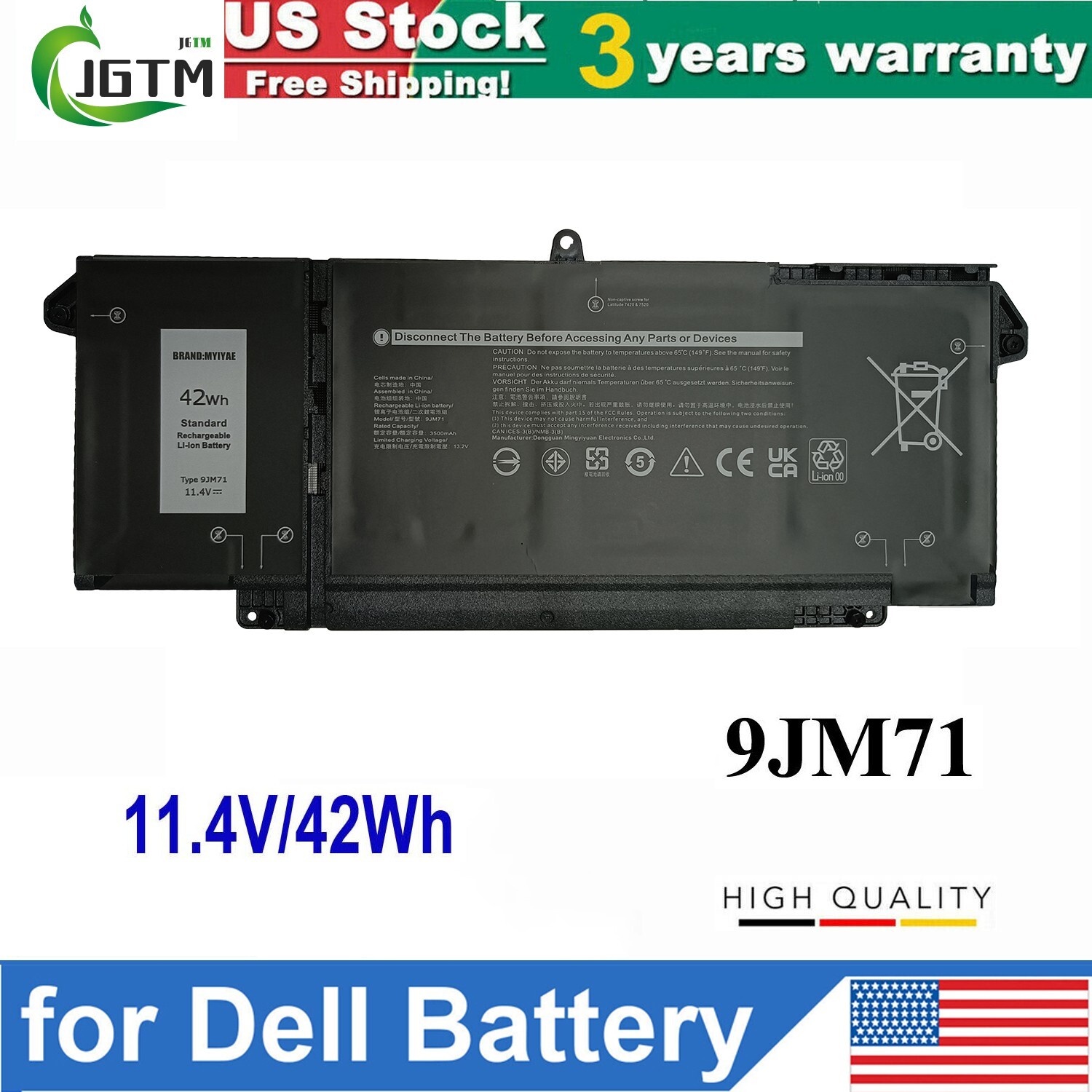 9JM71 Battery For Dell Latitude 5320 7320 7420 7520 4M1JN 1PP63 HDGJ8 42Wh 11.4V