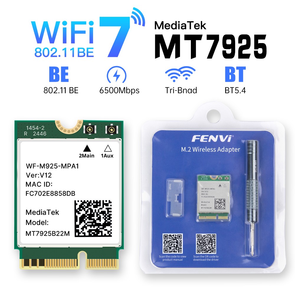 Wireless Card WiFi 7 MT7925 Tri-band Bluetooth 5.4 WiFi Adapter 802.11BE 6GHz