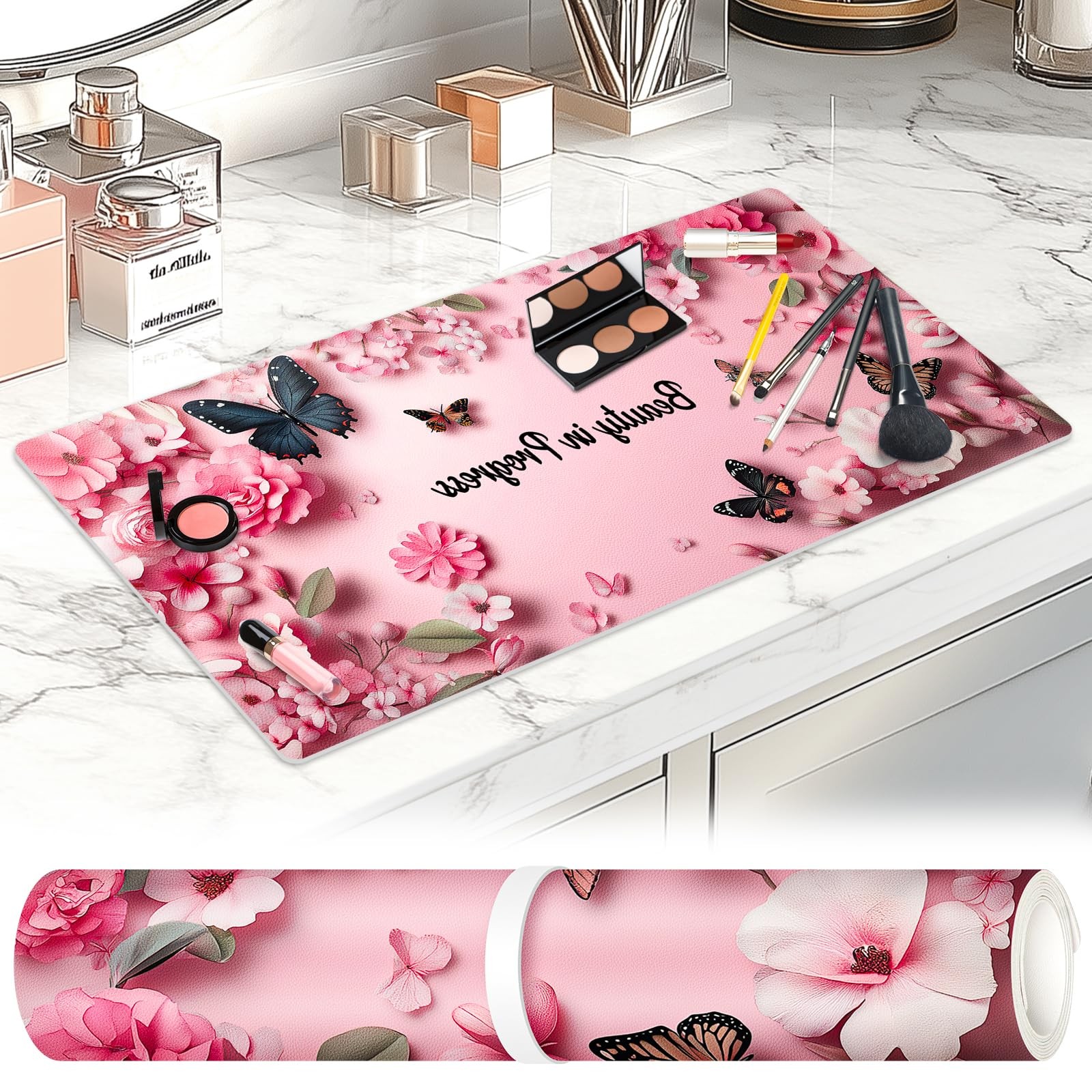 Dual-Sided Waterproof Synthetic Leather Makeup Mat for Desk, Makeup Butterfly