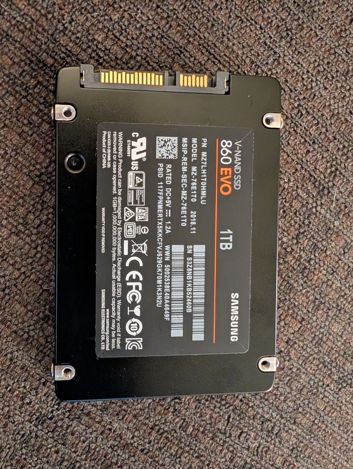 Samsung 860 EVO Series, 1TB SSD, 2.5 Inch, SATA III, 6 Gb/s, MZ-76E1T0