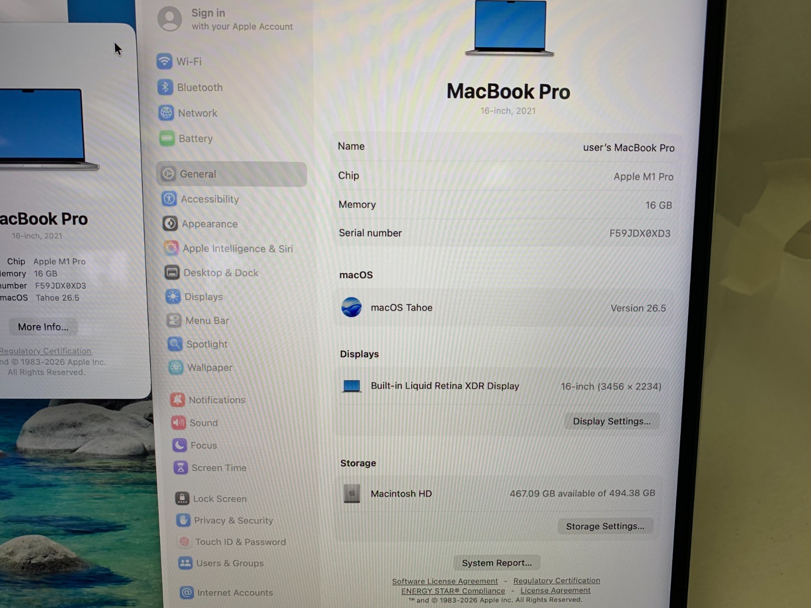 Apple MacBook Pro 16″ 2021 M1 Pro 10/16C 16GB RAM 512GB NVMe macOS Tahoe