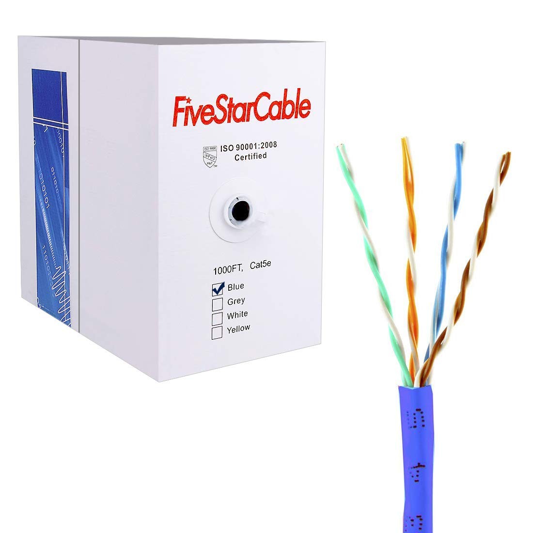 FiveStarCable Cat5e 1000 Ft. Ethernet 24AWG 4 Twisted Pair UTP 1000 Ft, Blue