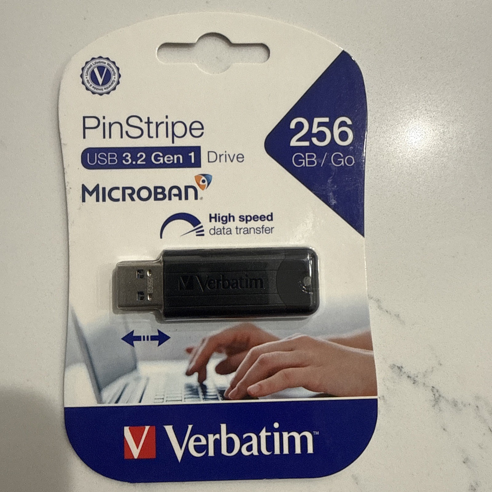 Verbatim PinStripe 256GB USB 3.2 Type-A Flash Drive, Black (49320)