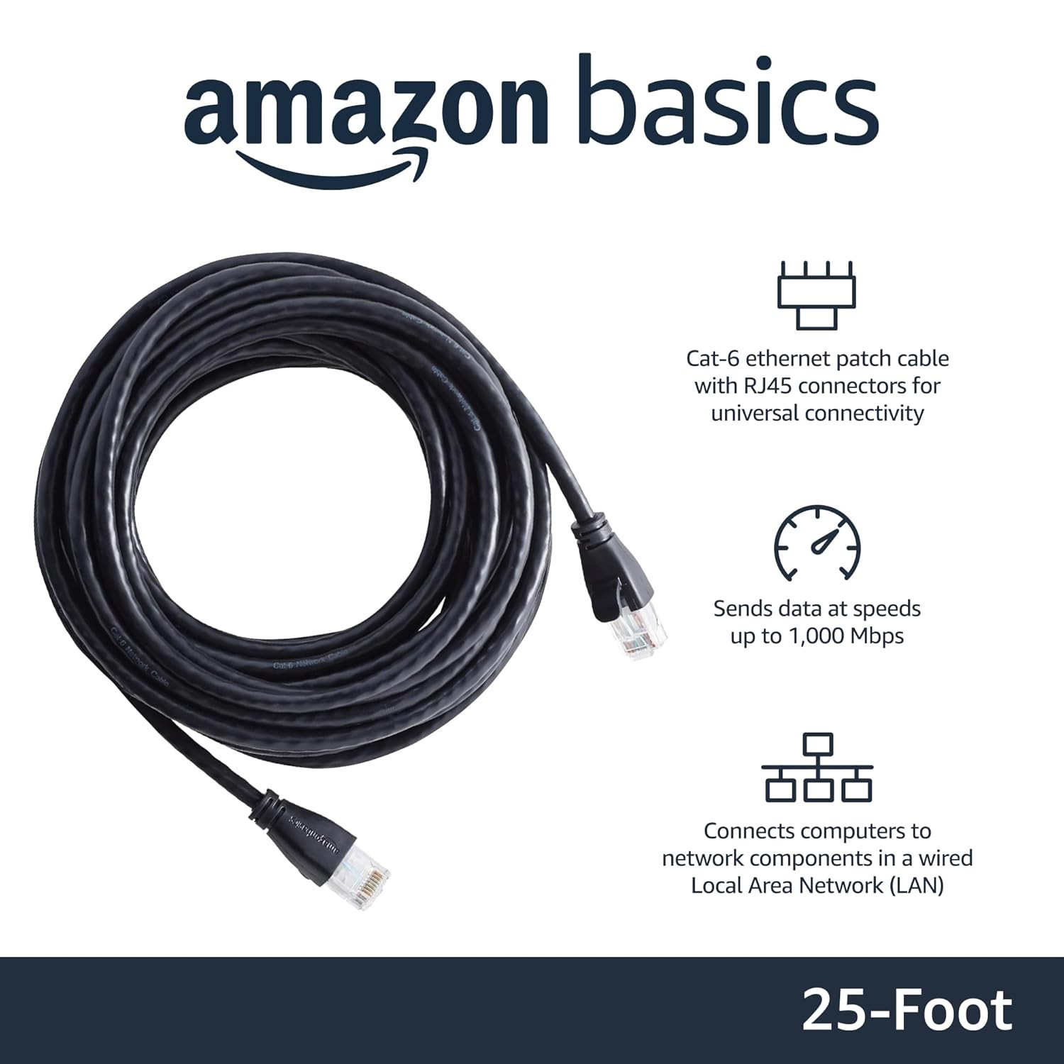 RJ45 Cat-6 Ethernet Patch Network Cable, 1Gbps Transfer Speed, Gold-Plated Conne