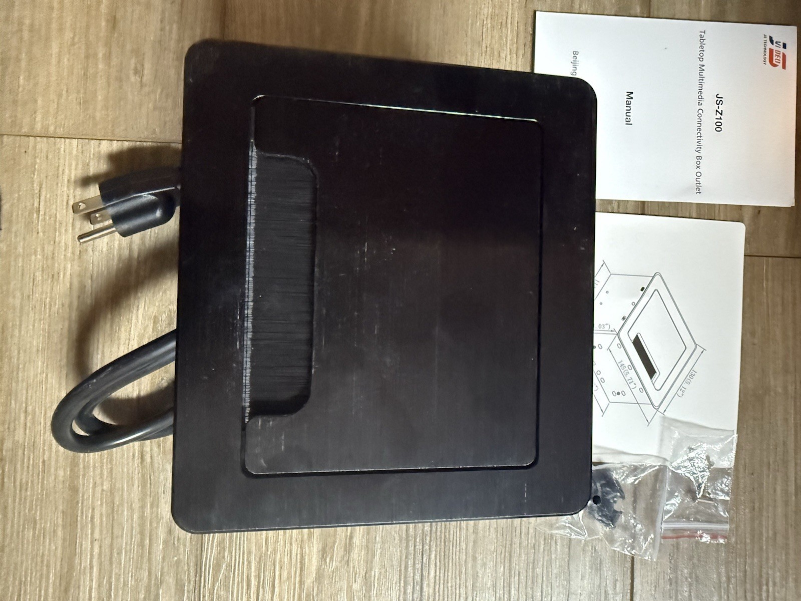 Tabletop Brush Cable Cubby Connectivity Box w2 AC Power 1USB-A Charger 1 USB-C