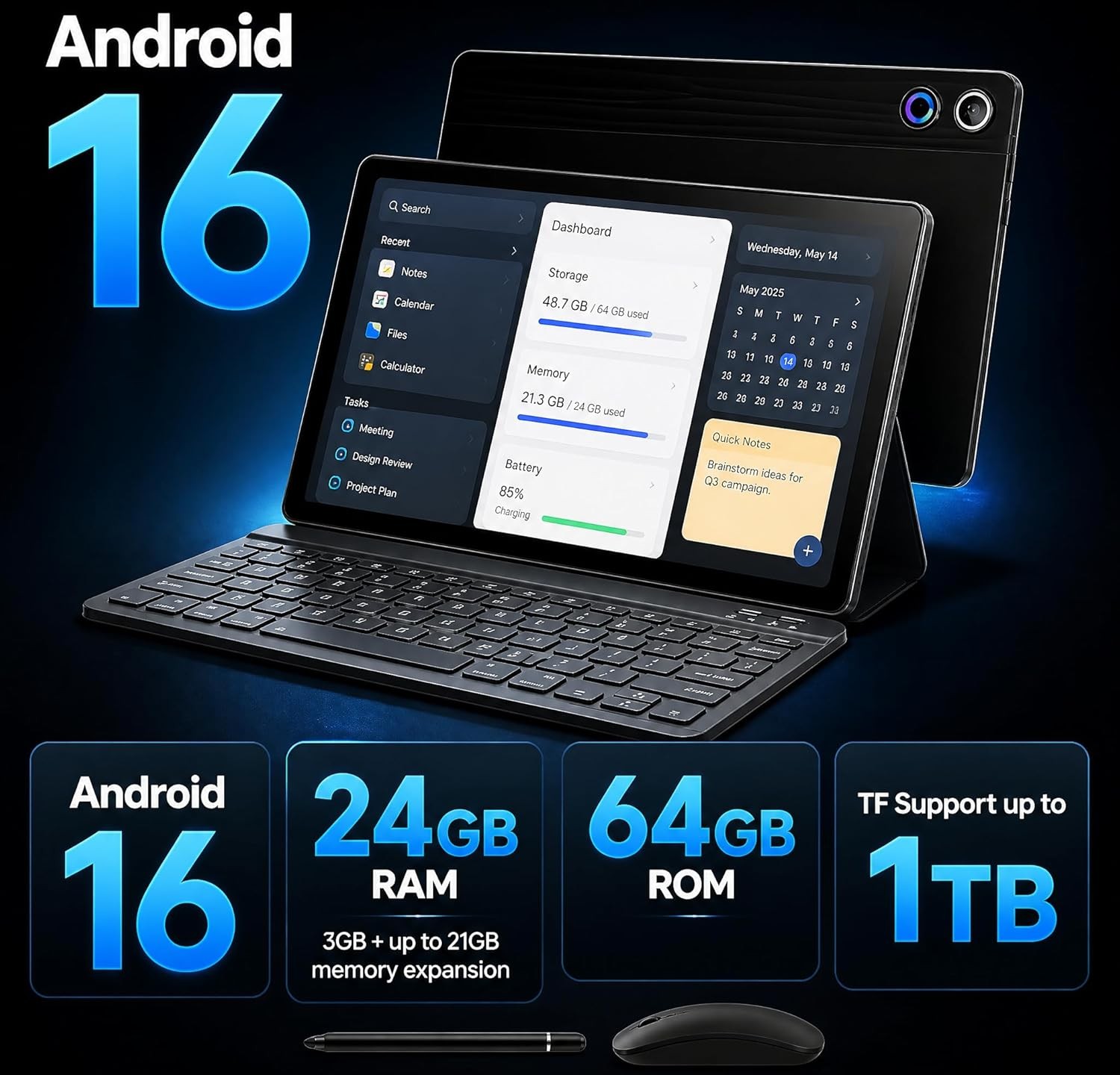2026 Newest Android 16 Tablet 64GB With KB Set Face ID 10.1″ IPS Wifi 6 PC Mode