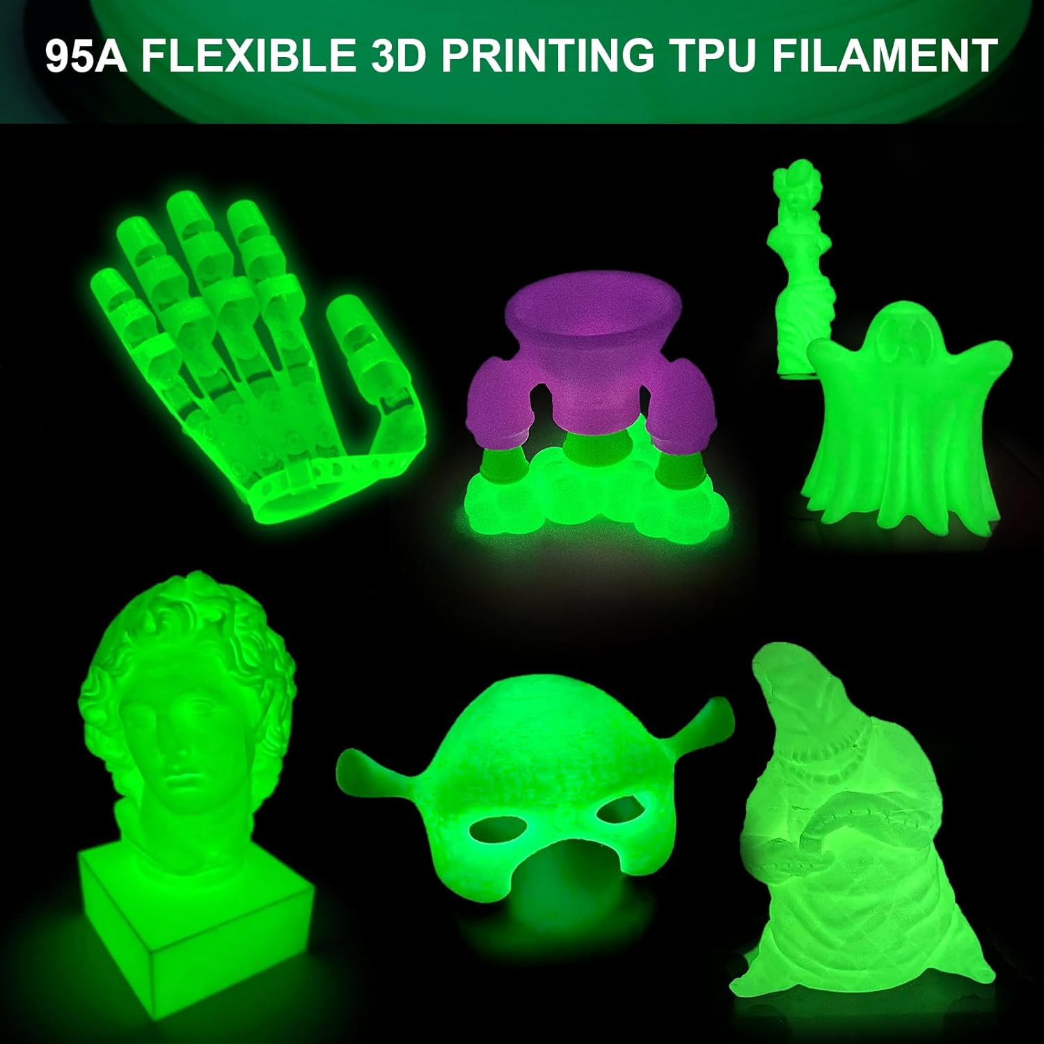 95A TPU 3D Printer Filament, 1.75Mm Glow in the Dark Green, Soft TPU Flexible 3D