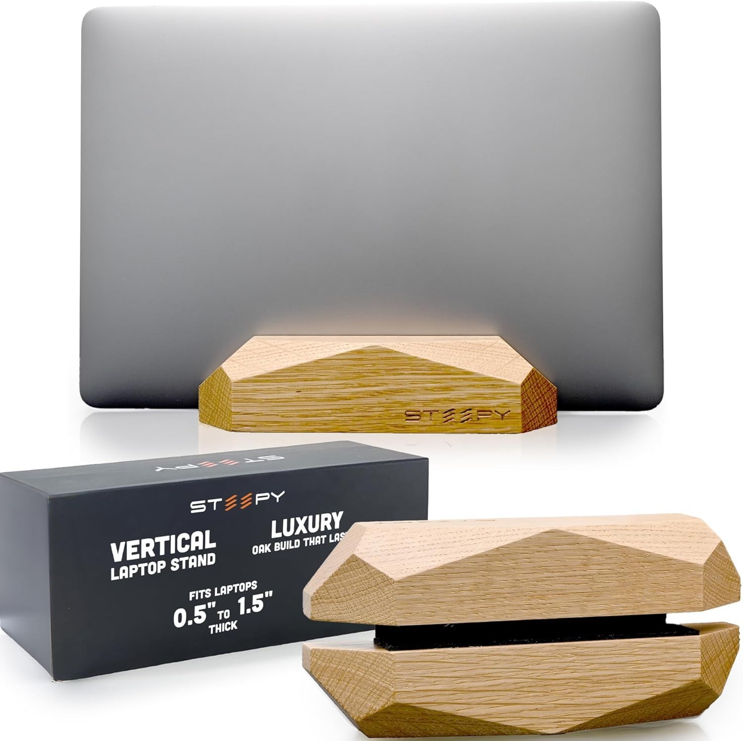 Steepy Vertical Laptop Stand Oak Wood Adjustable Desk Dock MacBook Holder Open B