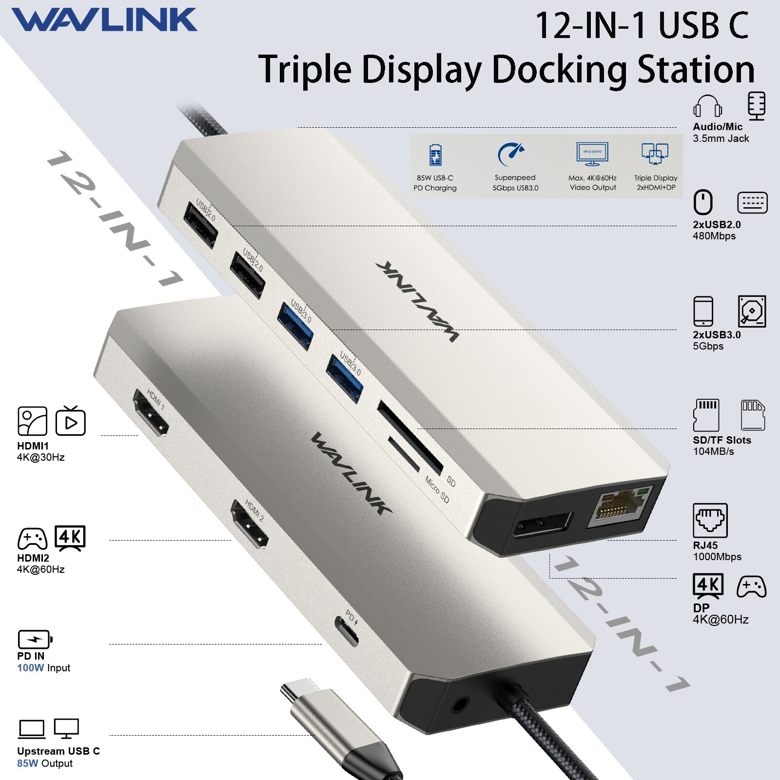 12-in-1 USB-C Triple Monitor Docking Station PD 100W Charging, 2x HDMI + DP,RJ45