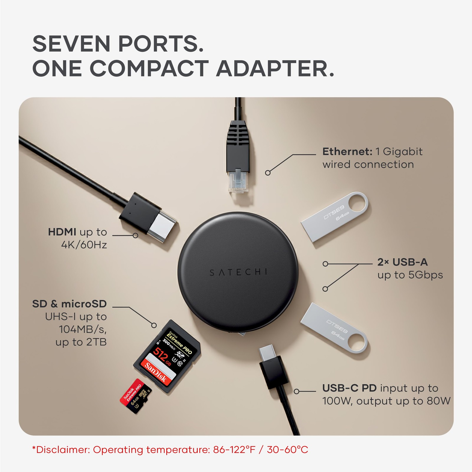 OntheGo 7-in-1 USB-Hub, Compact Magnetic Multiport Adapter, 100W PD, HDMI 4K/…