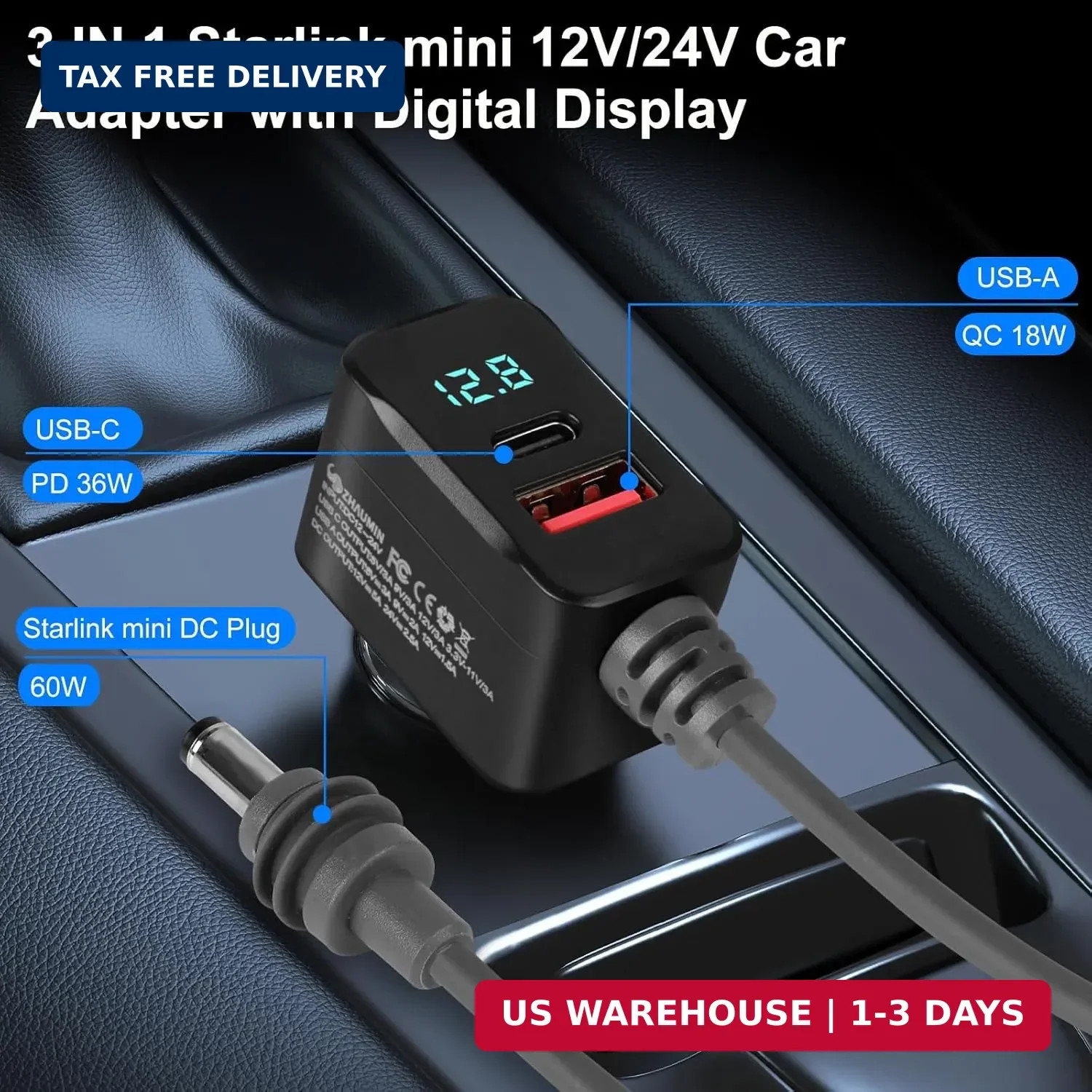 Starlink Mini Car Adapter 10FT 3-in-1 Cable & 12V-24V Adapter with Display | Sta