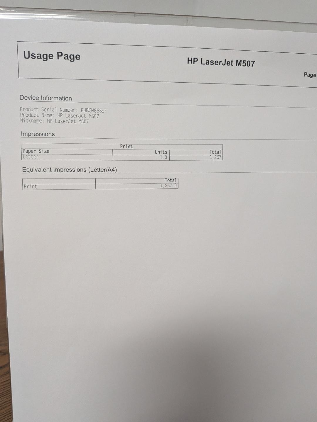 HP LaserJet Enterprise M507dn Monochrome Printer Only 1200 life time prints