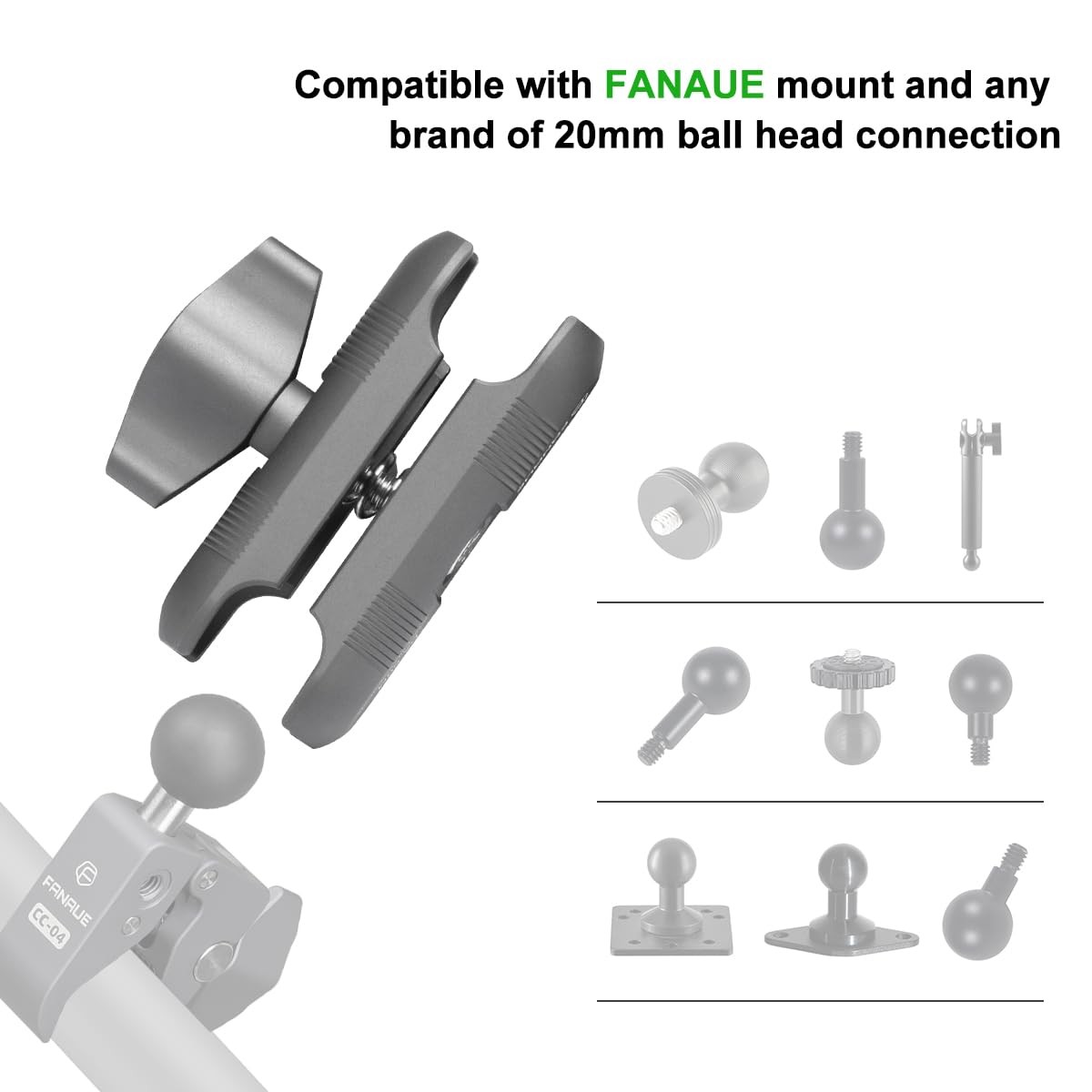 FANAUE 20mm Ball Head Double Socket Arm for 42mm/23mm*22mm*62mm, Black