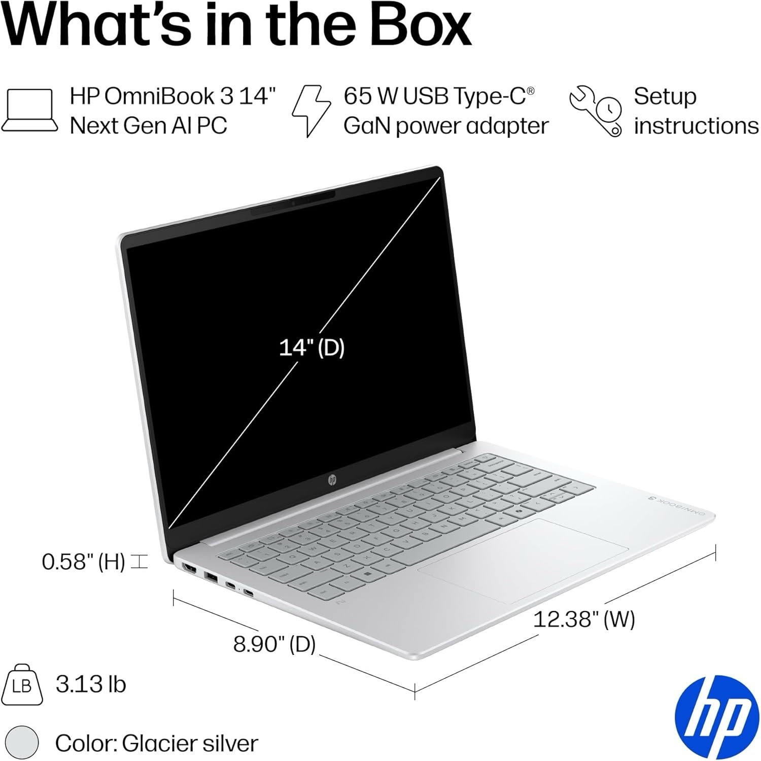 HP Omnibook 3 Laptop 14” 16 GB Ram 512 GB SSD Windows 11 Home Glacier Silver