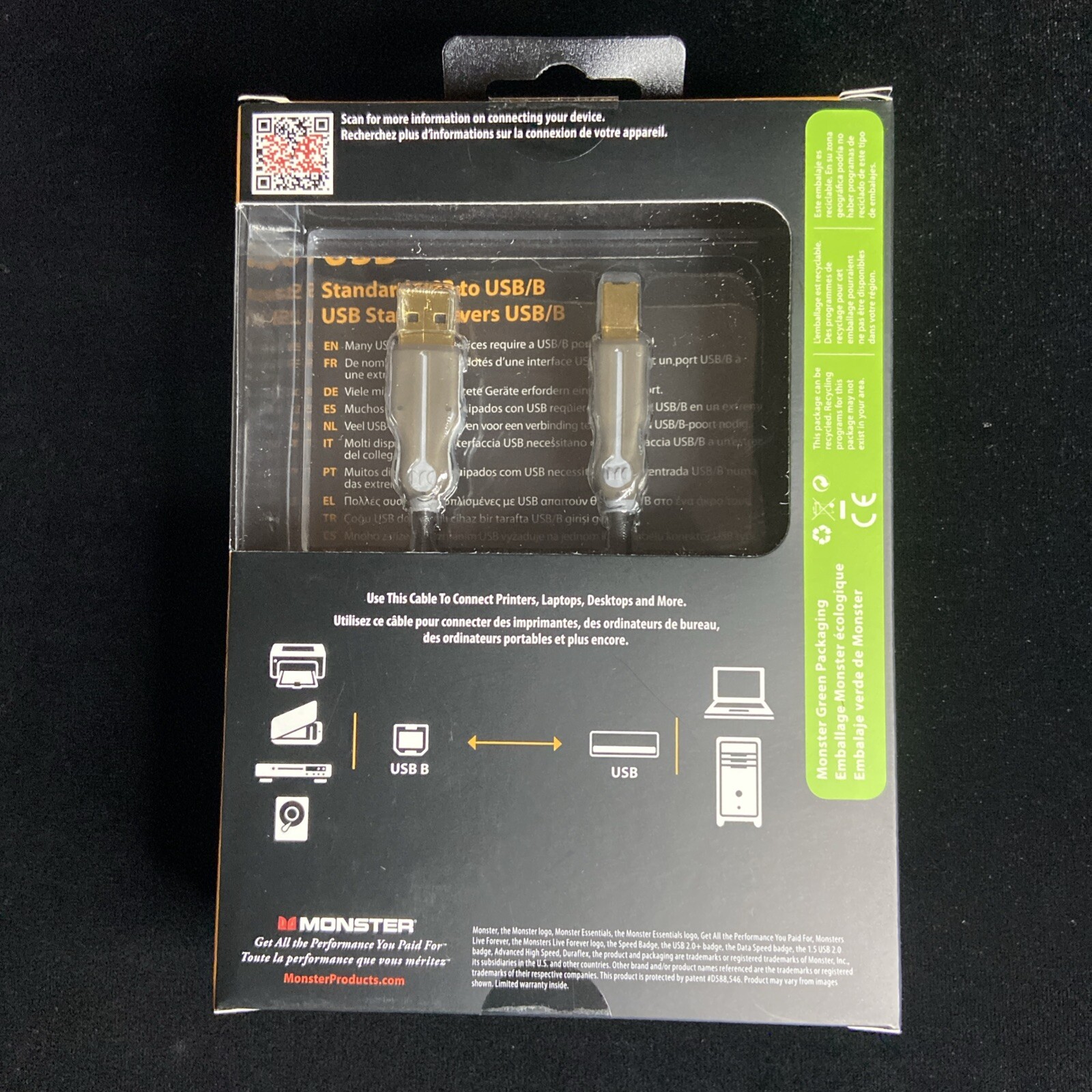 Monster Essentials Standard USB to USB/B Cable Black 3M/9.84Ft – Brand New